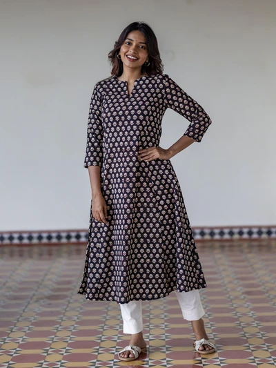 Black Floral Handblock Kali Kurta