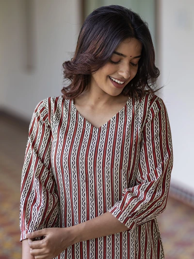 Terracotta Striped Handblock A-Line Kurta