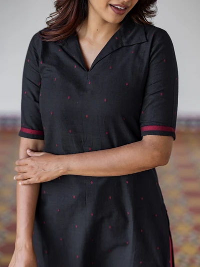 Black Handloom Collared Kurta