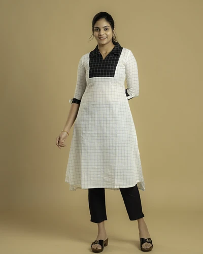 Black White Checked Elegance Handloom A-Line Kurta