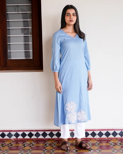Blue Rayon with Organza Applique Kurta