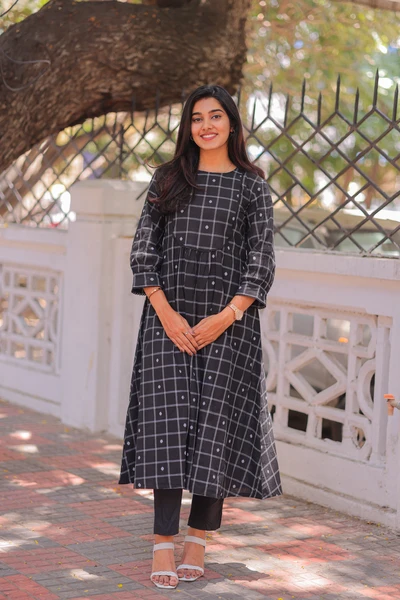 Black Grape Checks Handloom A-Line Kurta