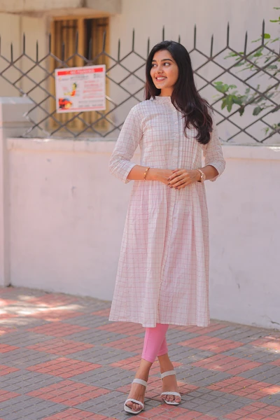 Peach Pleated Handloom A-Line kurta
