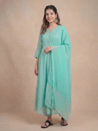 Mint Glow Embroidered A-Line Co-ord Set With Dupatta