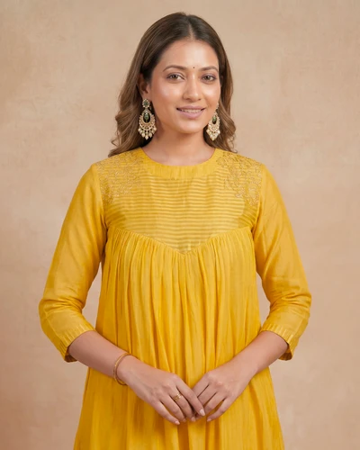 Golden Yellow Embroidered A-Line Kurta Set