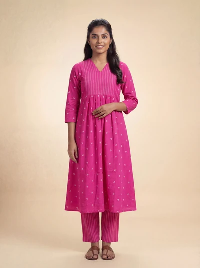 Pink Plum Handblock A-Line Kurta Set