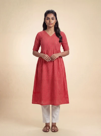 Christmas Red Checks Handloom Dress