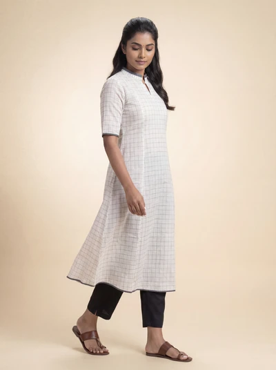 Coconut White Checks Handloom A-Line Kali Kurta
