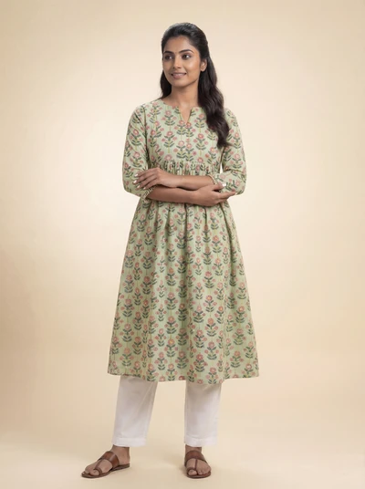 Pista Green Floral Handblock A-Line Kurta