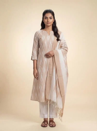 Caramel Cream Ikkat Kurta Set With Dupatta