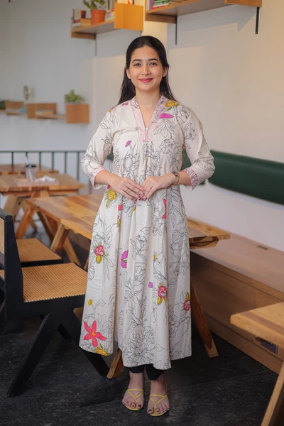 Ivory Floral Print A-Line Kurta