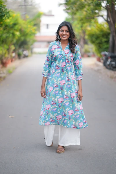 Skyblue Floral Handblock A-Line Kurta