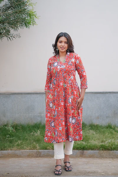 Burnt Orange Handdblock A-line Kurta