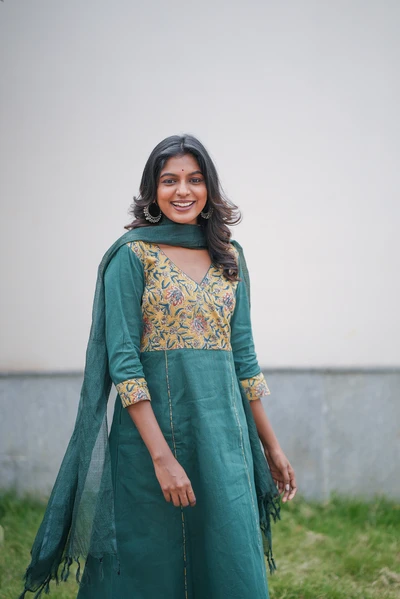 Peacock Green Kalamkari A-Line Co-ord Set With Dupatta