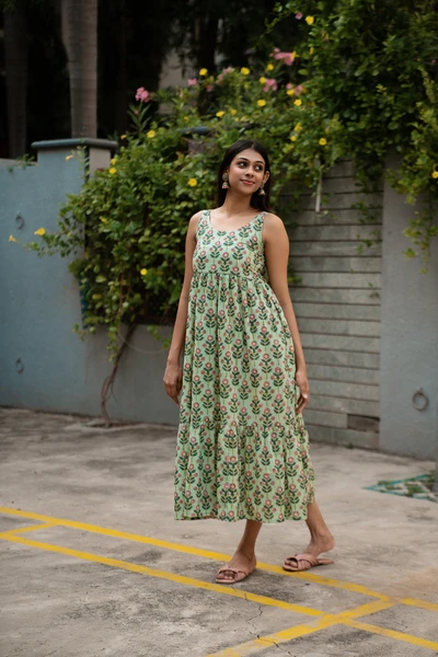 Cool Green Hand Block Print Spegatie Dress