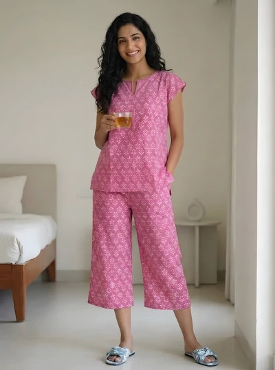 Raspberry Pink Handblock Cotton Pyjama Set
