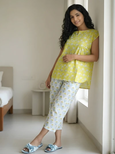 Yellow Tree Handblock Cotton Pyjama Set