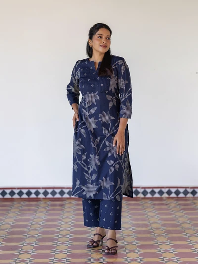 Navy Blue Petal Cotton Kurta Set