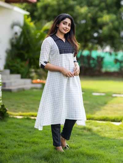 Black White Checked Elegance Handloom A-Line Kurta