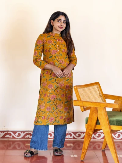 Mustard Floral Cotton Kurta