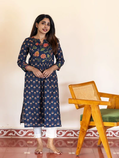 Navy Blue Floral Cotton Kurta