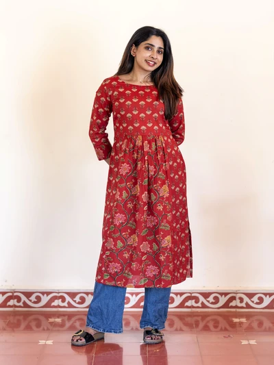 Saffron Red Floral Cotton Kurta