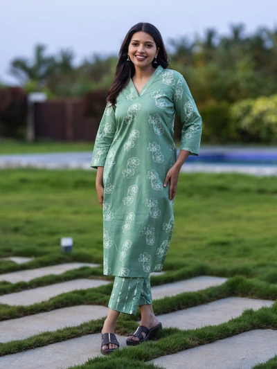 Sage Blossom Cotton Kurta Set
