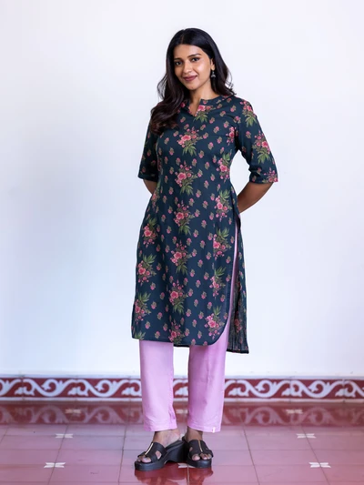 Teal Blossom Cotton Kurta