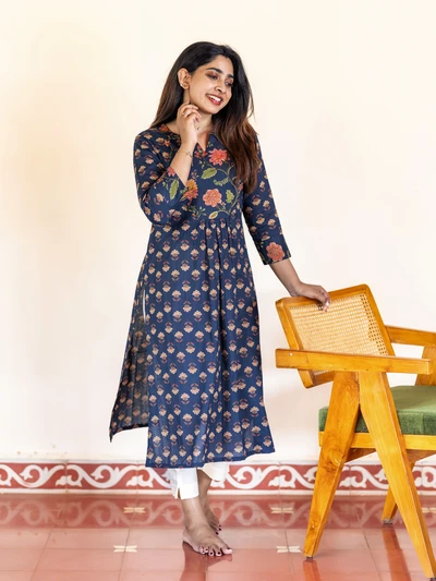 Navy Blue Floral Cotton Kurta