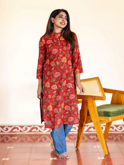 Rust Red Floral Cotton Kurta