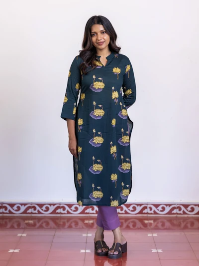 Teal Lotus Cotton Kurta