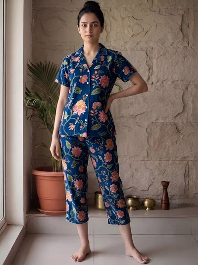 Royal Blue Collared Cotton Pyjama Set