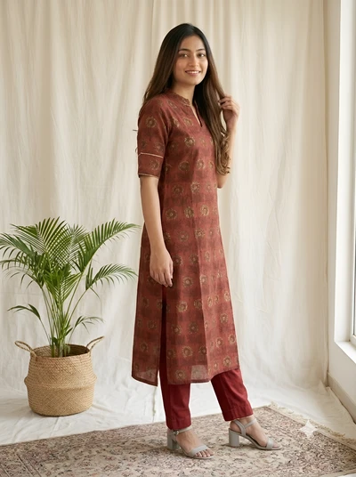 Maroon Gulmohar Cotton Kurta