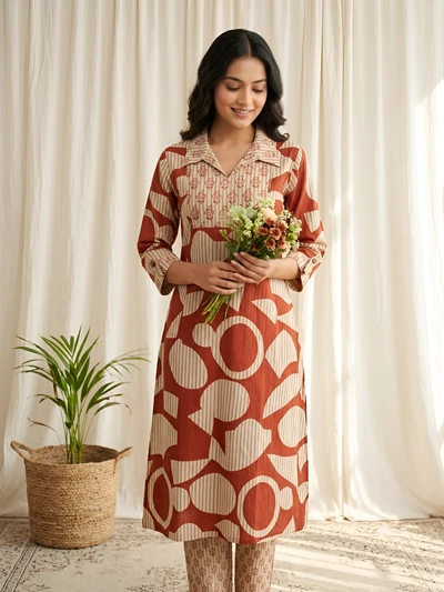 Rust Rhythm Geometry Kurta Set