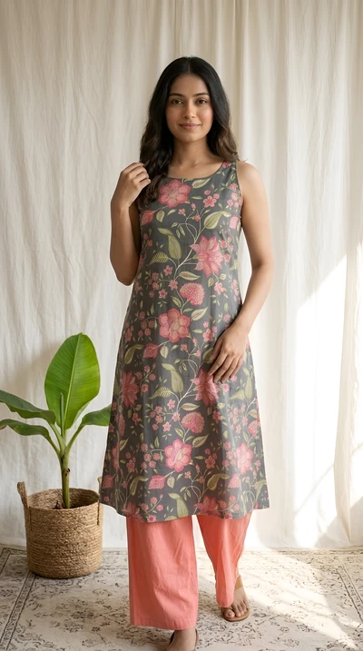 Coral Bloom A-Line Sleeveless Kurta Set