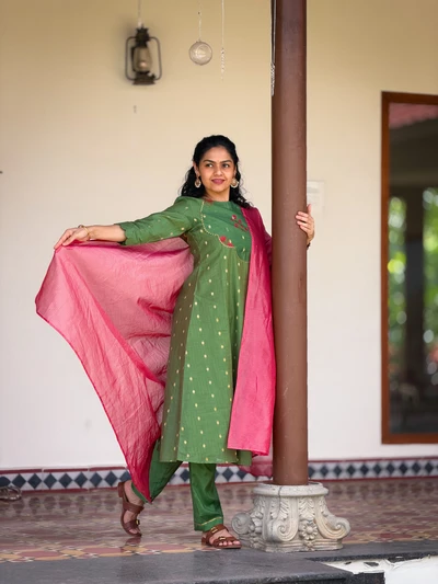 Parrot Green Chanderi Kurta Set With Dupatta