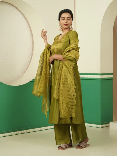 Olive Striped Tissue Duppata