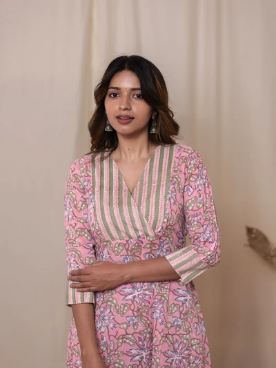 Pink Petal Handblock Kurta Set