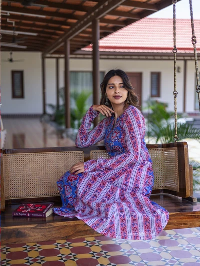 Royal Blue Handblock A-Line Kurta