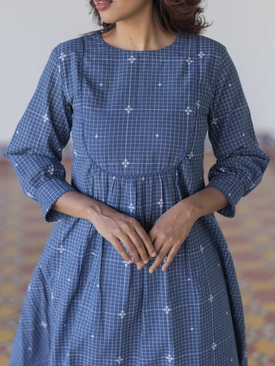 Navy Handloom Checkered A-Line Kurta